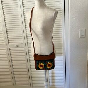 Sunflower Embroidered Brown Crossbody Bag